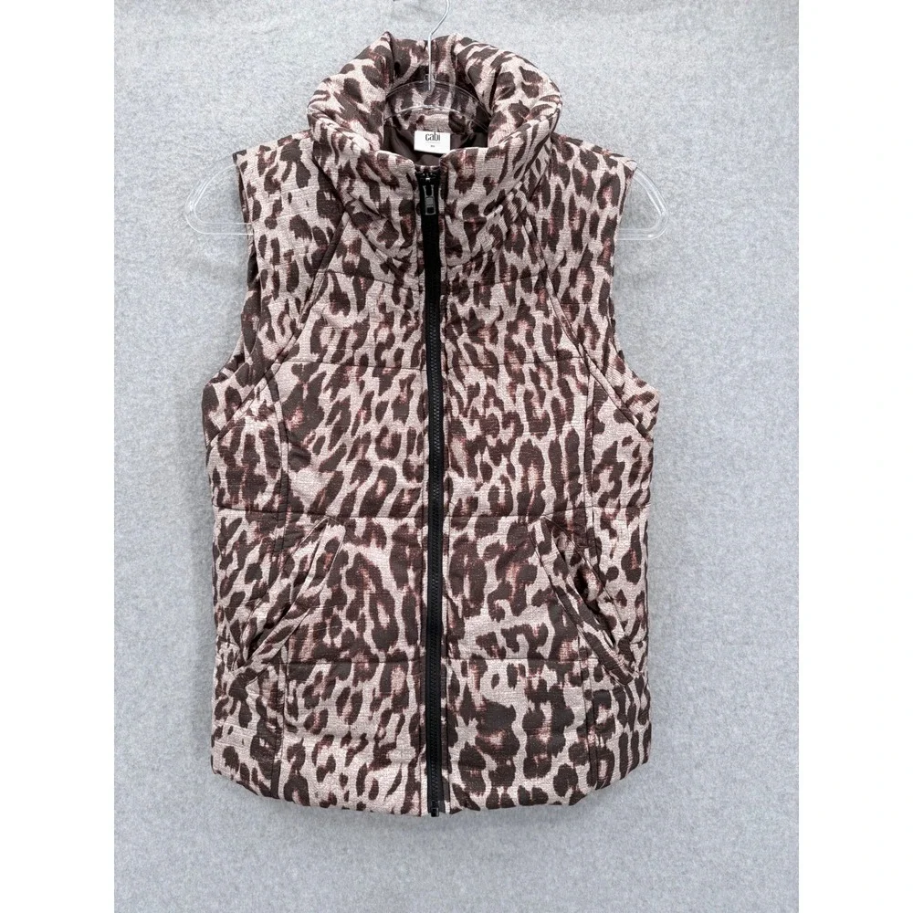 Cabi Leopard Puffer Vest Womens XS Brown Animal Print Zip Up Padded Sleeveless